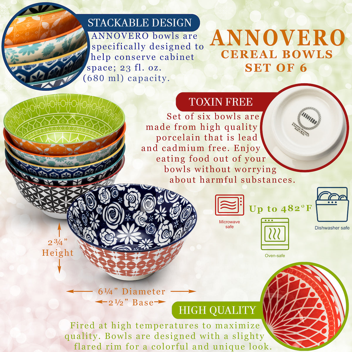 Annovero Colorful Cereal/Breakfast Bowls, 6.25 Inch Diameter, Set of 6