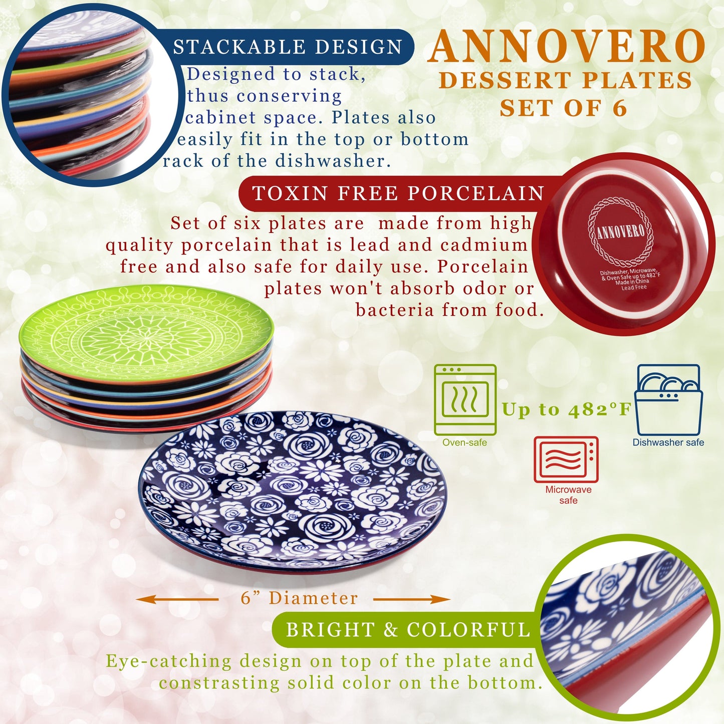 annovero dessert plates, set of 6 porcelain plates, 6 inch diameter