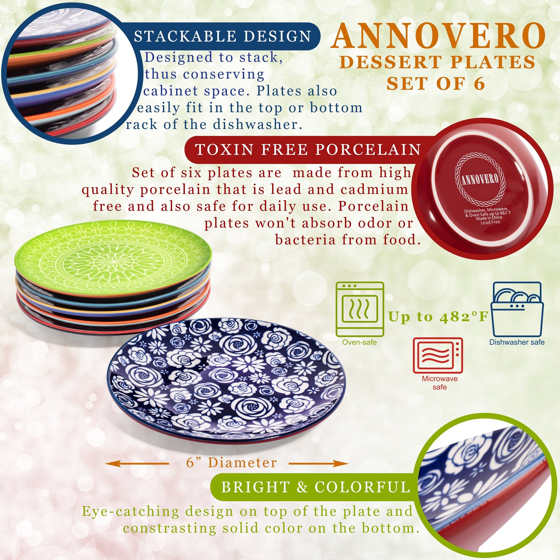 annovero dessert plates, set of 6 porcelain plates, 6 inch diameter